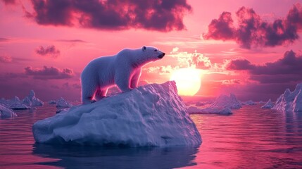 Majestic polar bear stands on an ice floe during a vibrant Arctic sunset.