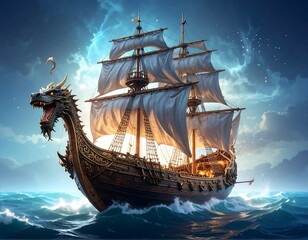 A magnificent, dragon-headed ship sails across a stormy sea under a dramatic twilight sky.