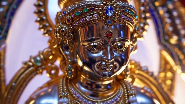 Ornately decorated figurine of the Hindu deity Lord Krishna depicted as child seated upon his royal throne during the Janmashtami religious celebration with selective focus applied