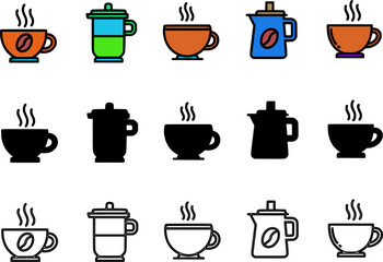Collection of various coffee and tea related icons in flat, silhouette, and outline styles.
