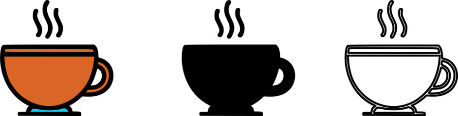 Set of three stylized hot coffee cups with steam, in different styles.