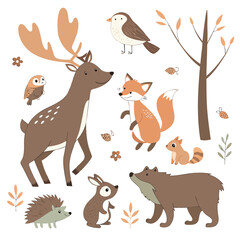 Fototapeta premium Whimsical forest animals cartoon flat design vector illustration set scalable eps graphic vector