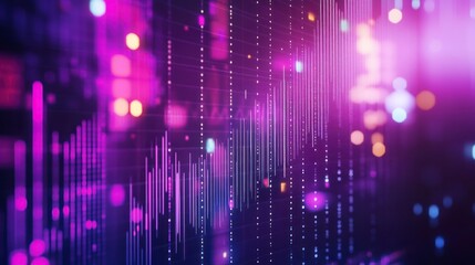 Abstract purple and blue background with bokeh lights and vertical lines suggesting data flow or digital information.