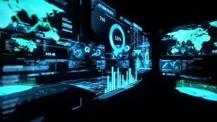 Futuristic digital interface displaying global data analytics and geographic statistics in a dark room - Powered by Adobe