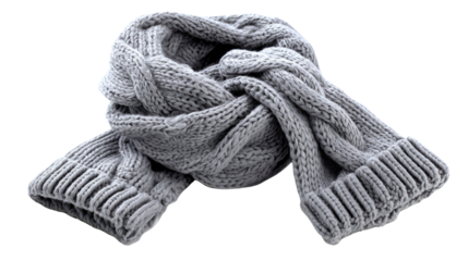 Cozy Winter Scarf: A close-up of a soft gray knitted scarf, intricately textured and designed to keep you warm and stylish during the cold season.