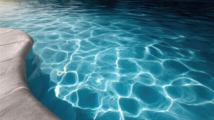 Top view of blue pool water with sunlight reflections, calm surface, and concrete edge, creating peaceful summer atmosphere