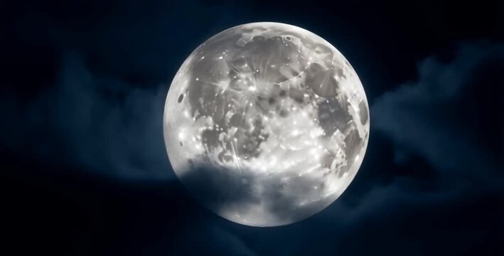 Full moon glowing in the dark night sky with clouds
