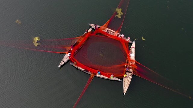 Bogura, Bangladesh - 23 August 2025: Aerial view of fishing boats creating geometric patterns with their nets on the dark waters, a vivid display of rural life.