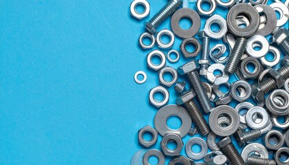 Assortment of various metal fasteners, including bolts, washers, and nuts, scattered on a vibrant blue surface.