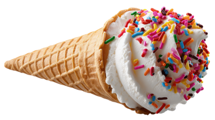 Ice Cream Cone with Sprinkles: A waffle cone filled with vanilla soft serve ice cream, topped with colorful sprinkles, sits diagonally.