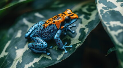 A vibrant blue and orange poison dart frog resting on a large leaf in a lush environment.