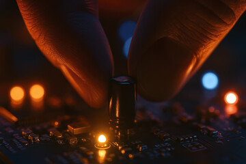 adjust capacitor on circuit board glowing micro LEDs illuminate detailed electronics with precision skill
