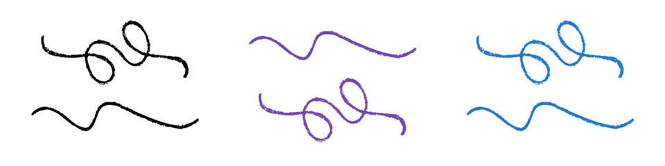 Set of Design Elements Hand-drawn Black, Violet and Blue Lines with Loops Isolated on White Backdrop. Style of Children's Drawing.