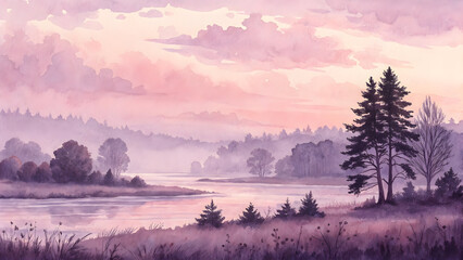 Fototapeta premium Watercolor landscape with pink purple sky and misty river at dawn full hd 4k stock image download texture