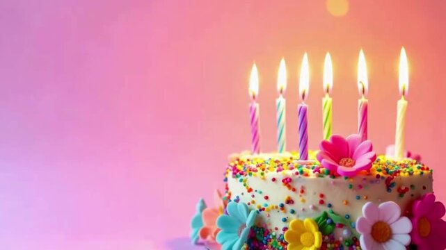 Birthday cake with candles on color background sweet	
