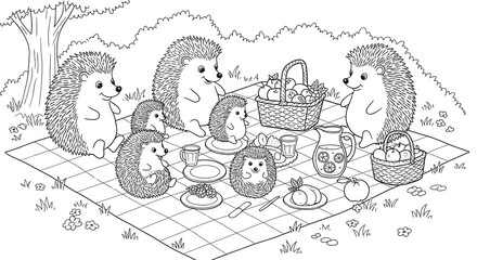 Naklejka premium Picnic Adventure, Cheerful Hedgehogs, Sunny Park, Coloring Page, Vibrant Nature, Fun Viewpoint, Vector Art for Kids and Adults to Enjoy Creativity
