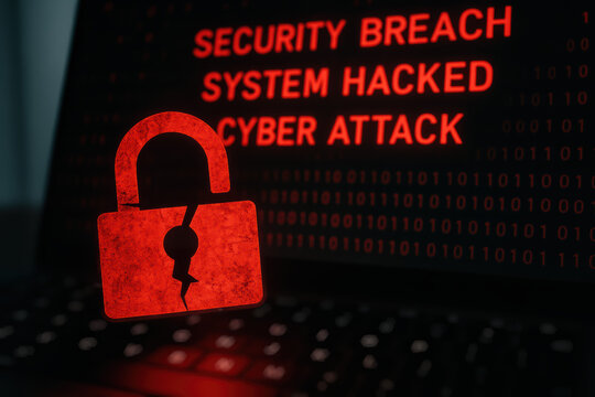 Red broken padlock signals security breach and system hack attack alert threatening internet cybersecurity