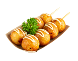 Skewered Takoyaki Balls with Mayo and Green Garnish, Traditional Osaka Snack, Isolated PNG