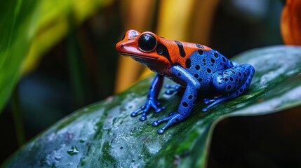 A vibrant poison dart frog with red and blue markings sits atop a large green leaf, surrounded by blurred foliage.