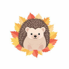 Cute Cartoon Hedgehog Surrounded by Autumn Leaves.
