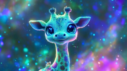 A whimsical, teal baby giraffe with large eyes, nestled amidst a vibrant cosmic backdrop.