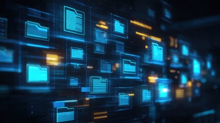 Abstract network grid with files and folders, futuristic software interface, digital document management system, store, search and organize documents, corporate business, paperless office	

