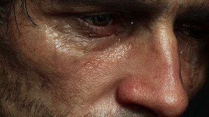 Close-up of a distressed male with dark hair, displaying intense emotions through tears and detailed skin texture.