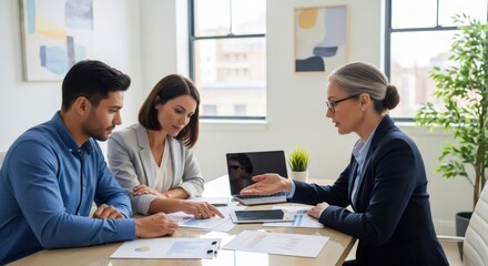 Woman financial advisor consulting a couple at an office. Broker explaining investment plan for future saving.