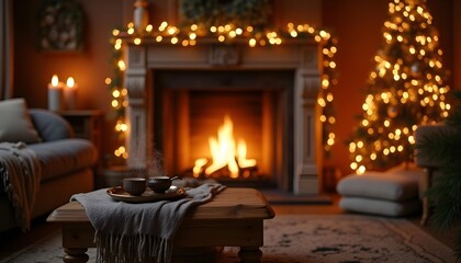 A cinematic cozy living room interior, soft golden fireplace glow, Victorian-style Christmas decorations, steaming tea on a wooden table, warm blankets, HDR textures, cinematic lighting