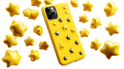 Shining Phone Case in Yellow: A stylish phone case adorned with decorative stars sparkles, surrounded by whimsical floating star decorations, creating a playful and modern scene.