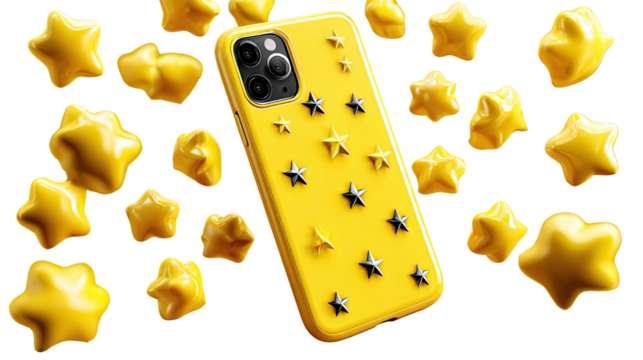 Shining Phone Case in Yellow: A stylish phone case adorned with decorative stars sparkles, surrounded by whimsical floating star decorations, creating a playful and modern scene.