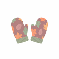 Pair of Autumnal Leaf-Print Knitted Mittens.