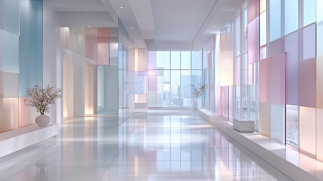 Modern Office Hallway with Layered Holographic Windows