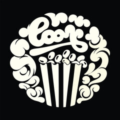 A Retro Themed Popcorn Illustration Featuring Swirly Details And Striped Bucket Set Against a Black Background