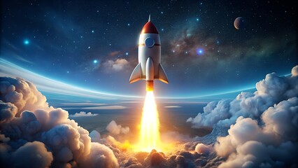 Fototapeta premium A rocket launching into space with a bright fiery exhaust, surrounded by clouds and stars