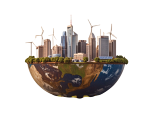  3D Rendered Illustration of Green Earth Field with Modern Eco-City and Wind Turbines for World Environment Day