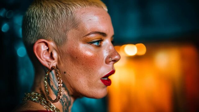 Woman with buzz cut and tattoos in dramatic light. Boldness and confidence concept