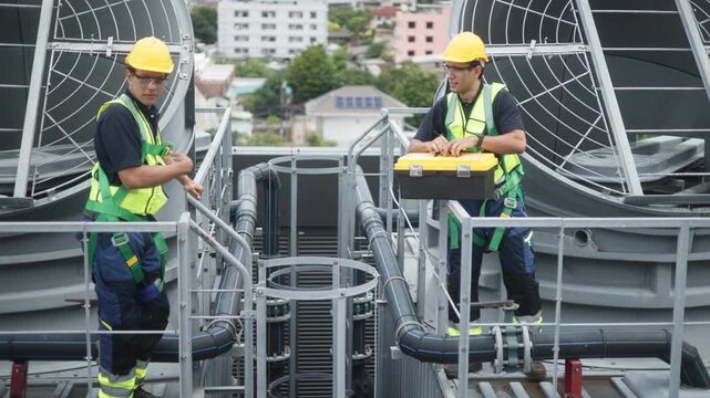 Technicians discussing HVAC system on rooftop