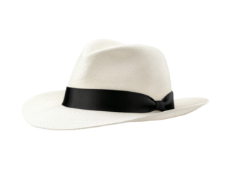 Classic white fedora hat with black band on white background