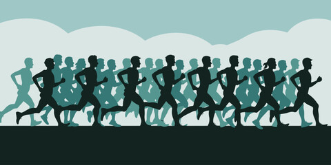 Naklejka premium Illustration of a large group of people running in a marathon with a cloudy sky background design art