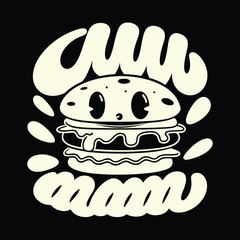 T-shirt Design for Retro Cartoon Burger Character with Wavy Text a Fun and Playful Design that Appeals to Foodies