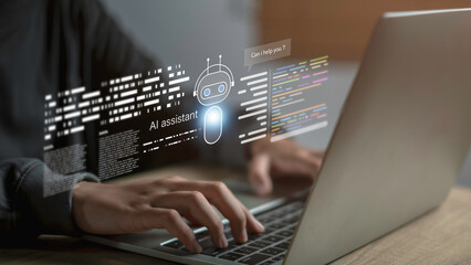 AI assistant and chatbot business intelligence concept with virtual robot icon and data analytics on laptop, representing automation, customer support, and smart technology solutions for enterprises.