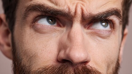 Obraz premium Close-up of a perplexed Caucasian man frowning with furrowed brows and focused eyes.