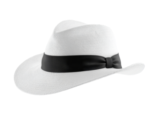 Classic white fedora hat with black band on isolated black background