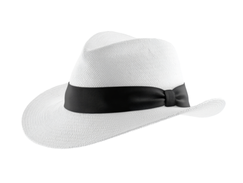 Classic white fedora hat with black band on isolated black background