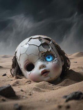 Cracked Doll Head with Glowing Blue Eye in Desert