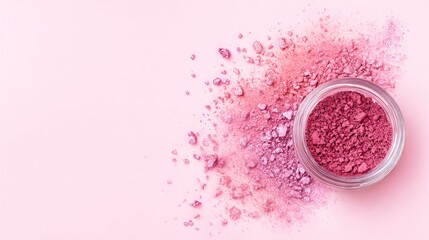 Pink cosmetic powder scattered around a clear glass jar on a soft pink background, showcasing vibrant color and texture, ideal for beauty and makeup themes