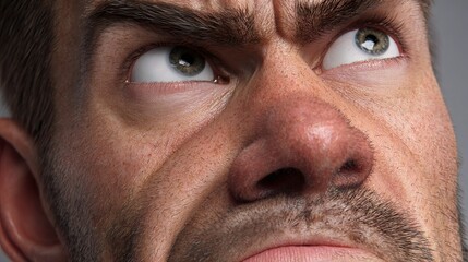 Fototapeta premium Close-up of a distressed Caucasian male showing intense emotions, with furrowed brows and piercing green eyes.