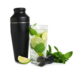 Glass of fresh Mojito cocktail with mint and shaker on white background