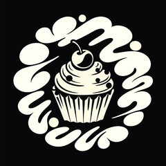 T-shirt Design for Whimsical Cupcake Delight Vintage Style Dessert Illustration with Cherry Topping and Ornate Creamy Border Design